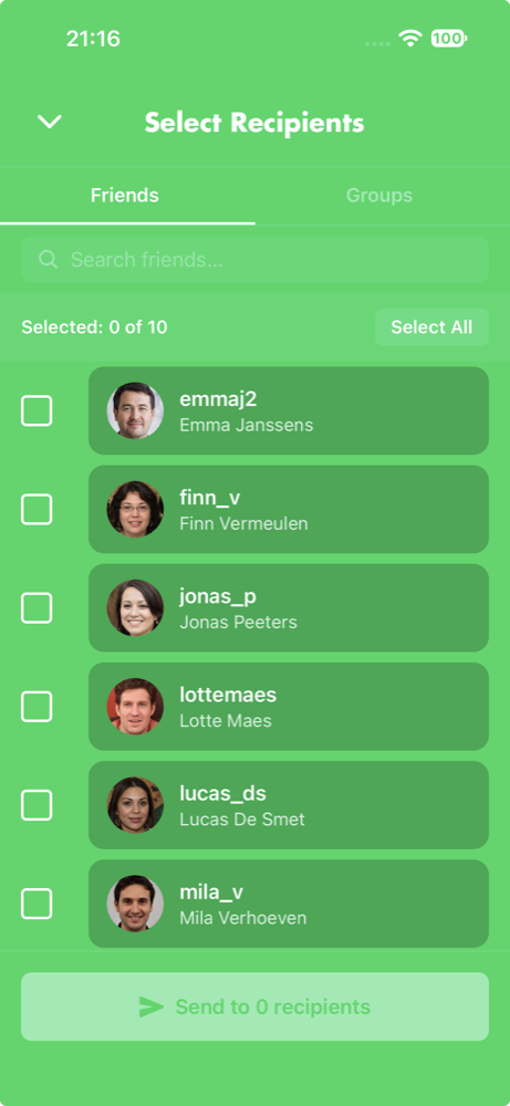 Select recipients screen